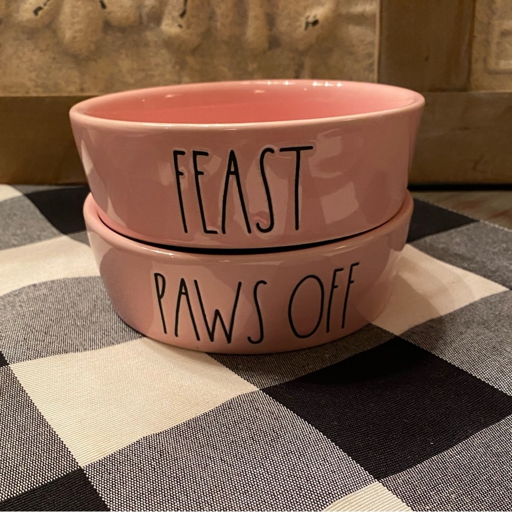 Rae Dunn pink FEAST & PAWS OFF Pet Bowls - Brand New never used  🐾